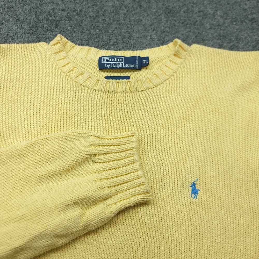 Polo Ralph Lauren Mens XL Yellow Cotton Knit Crewneck Sweater Blue Pony Logo
